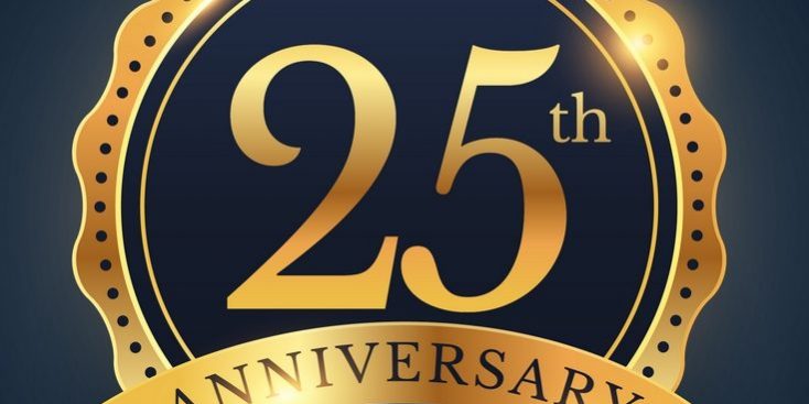 25th anniversary celebration badge label in golden color